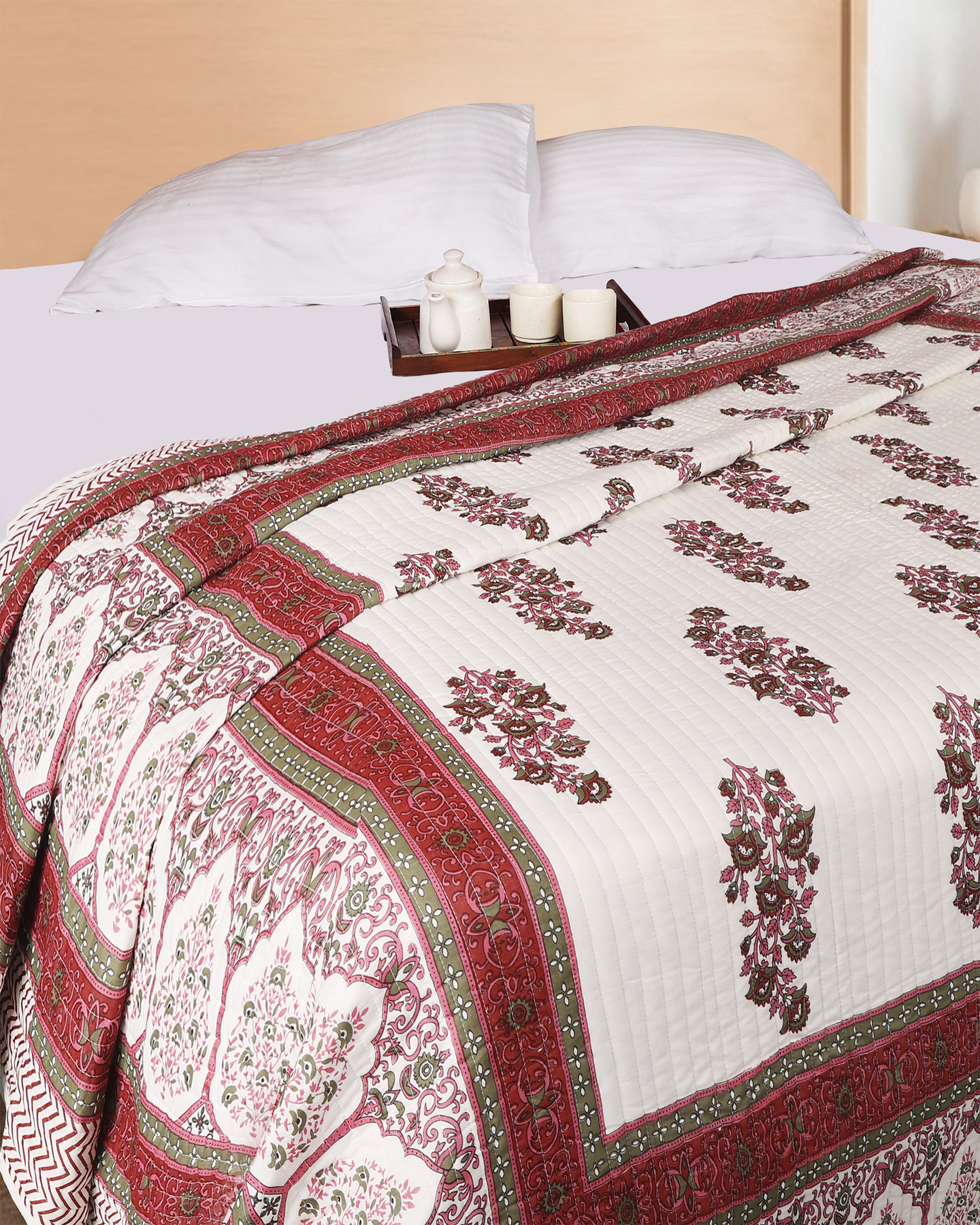 Vibrant Red Hand blocked Printed Reversible Double Bed Quilt